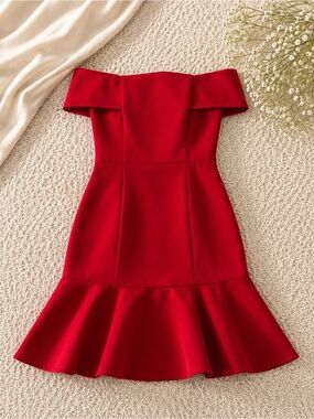 NICHOLAS Red Strapless Cocktail Dress with Ruffle Detail
